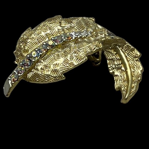 Vintage‎ AB Leaf Brooch Brushed Gold Tone Pin with Aurora Borealis Stones - Picture 5 of 10
